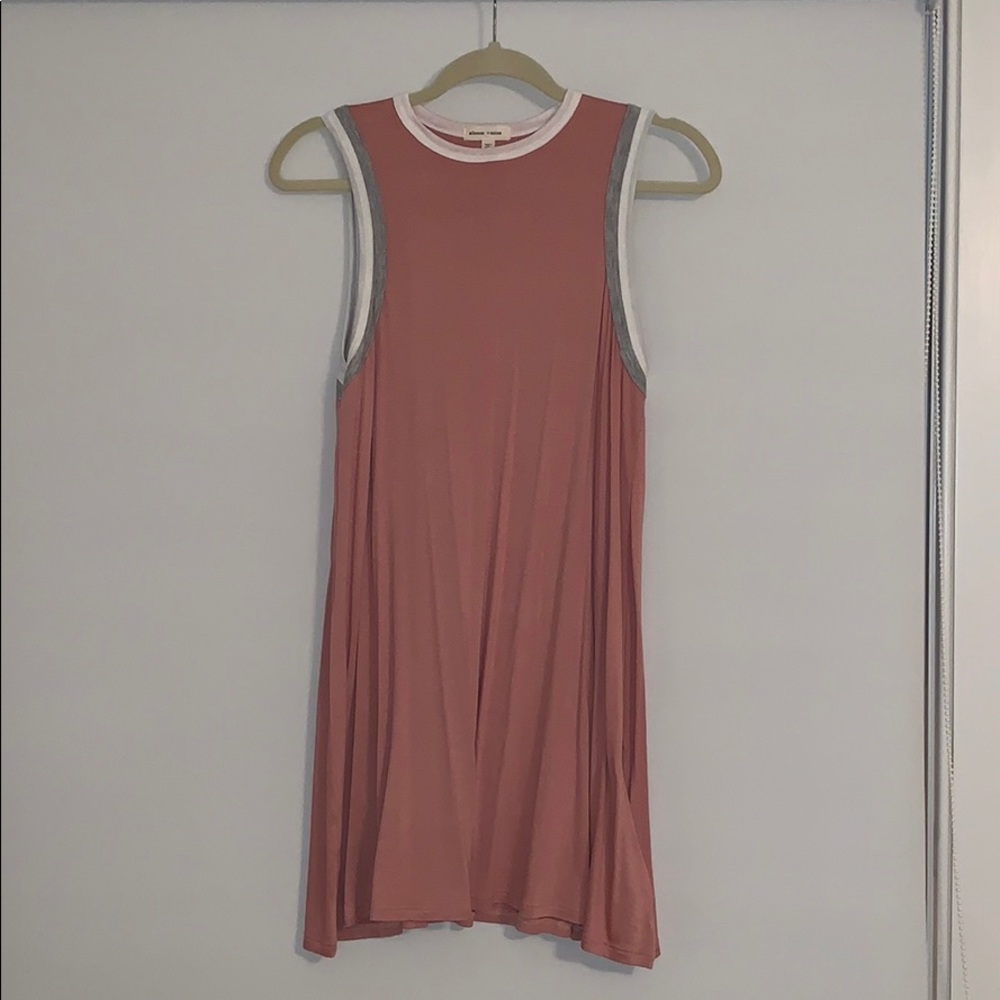 pink, grey, and white high neck dress